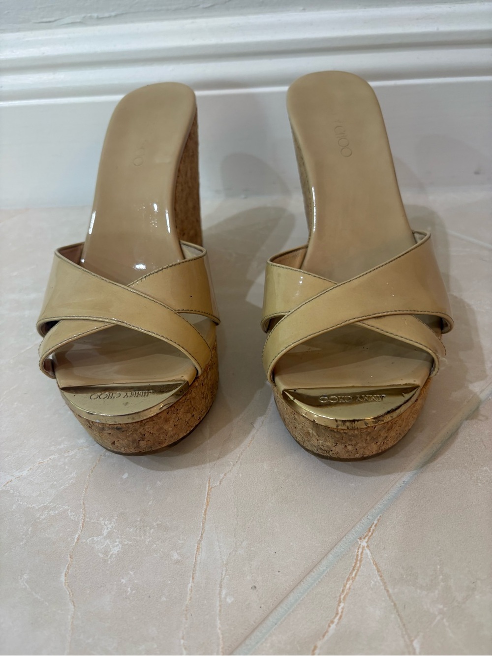 Jimmy Choo Perfume Nude Patent Leather Cork Platform Wedge Sandals